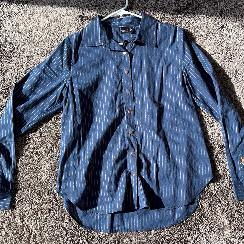 M Cruel Girl Shirt-with copper stripes&fringe. Great shape-worn twice.